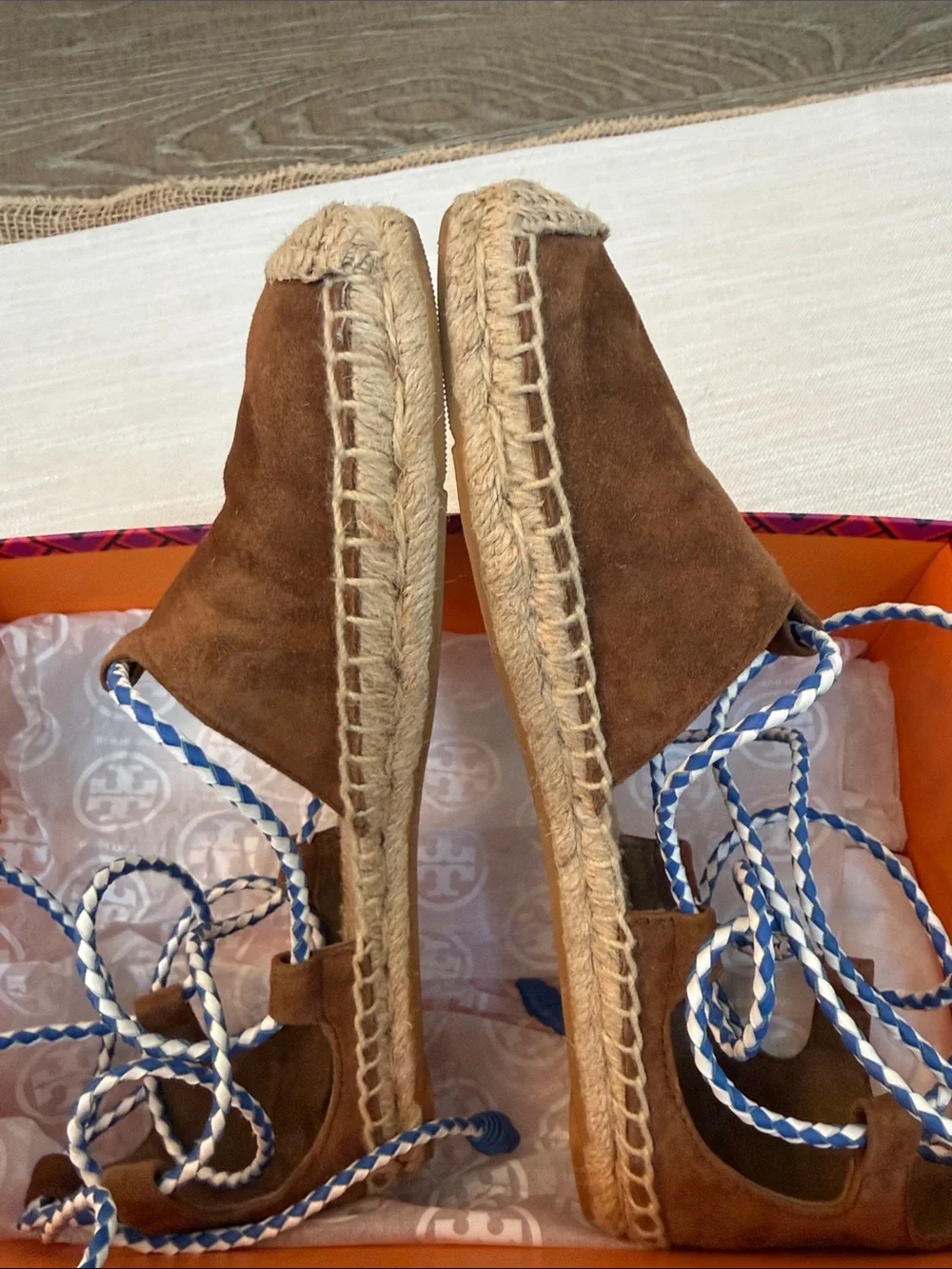 Tory Burch Brown Espadrille Lace-Up Flats with Blue & White Laces